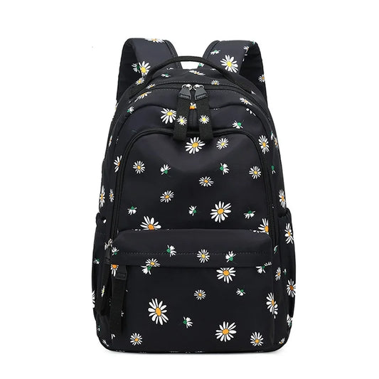White Daisies on Black Lightweight Backpack