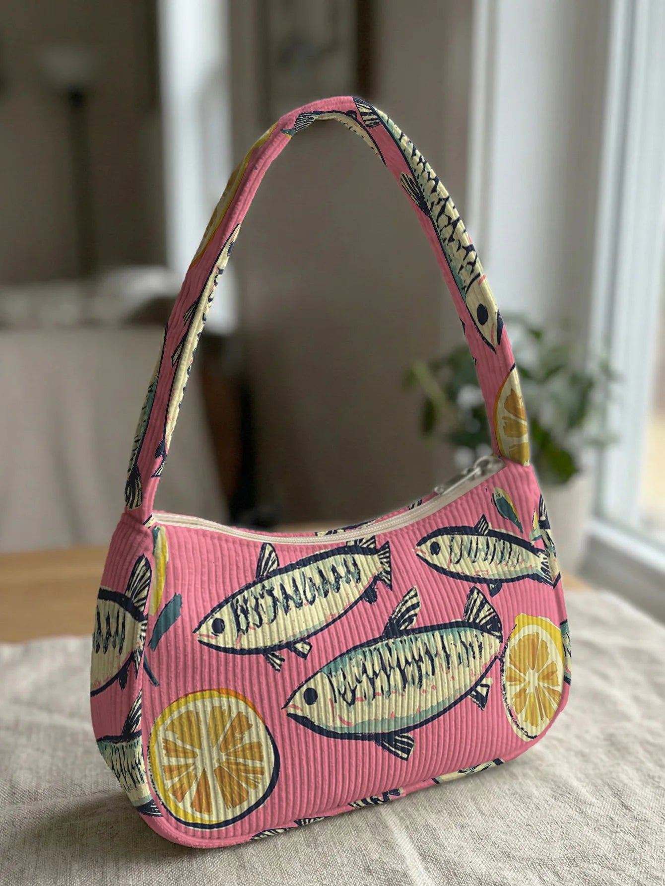 Trendy Fish & Lemon Print Shoulder Bag, Pink Corduroy Underarm Bag for Daily Casual Use
