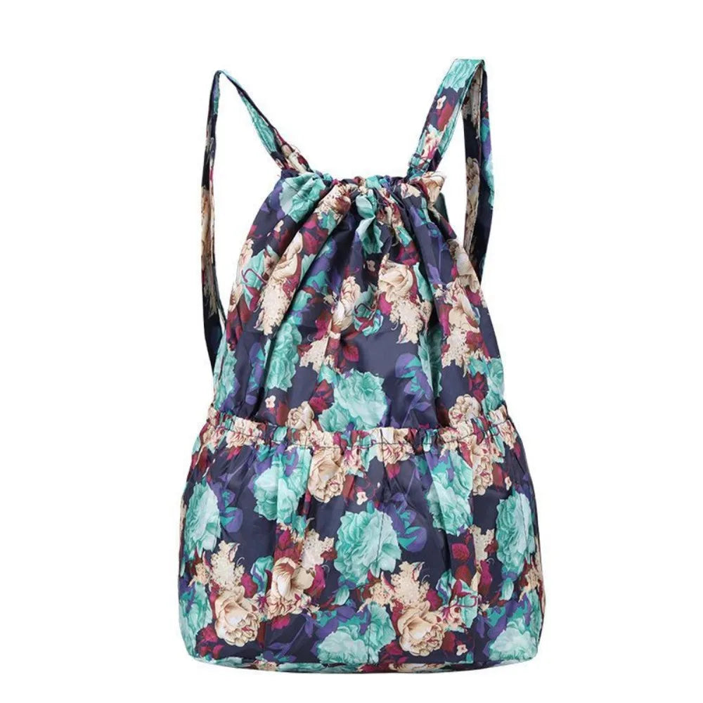 Multifunctional Floral Printed Drawstring Bag Polyester Waterproof Backpacks Fold Sports Travel Bag Teenage Girls