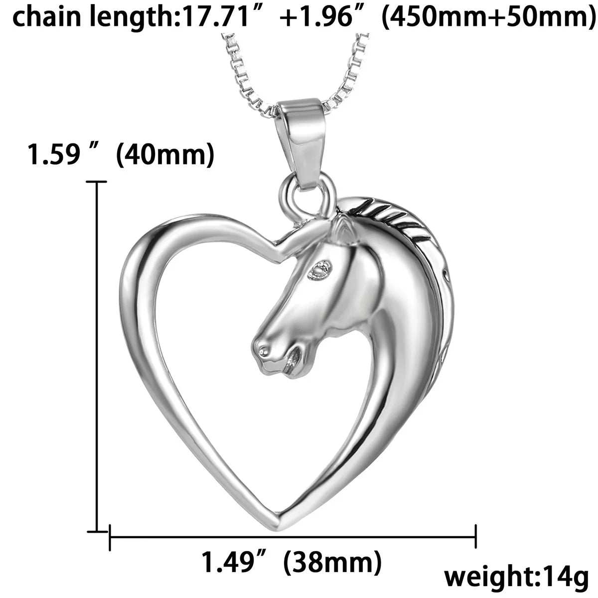 Silver horse head in a heart-shaped pendant with measurements on a white background