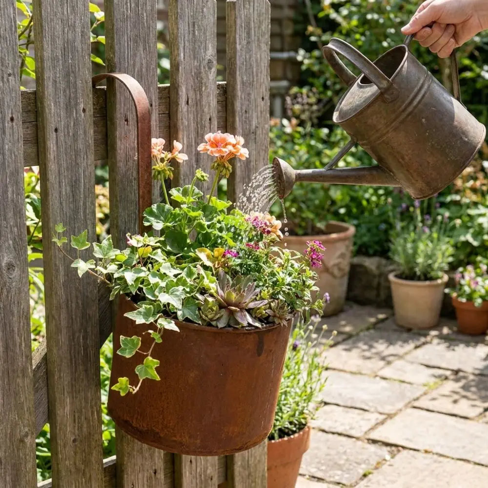Handcrafted Wall Hanging Flower Bucket Antique Styles Rusted Iron Hanging Flowerpot Weather-Resistant Unique Metal Plant Hangers