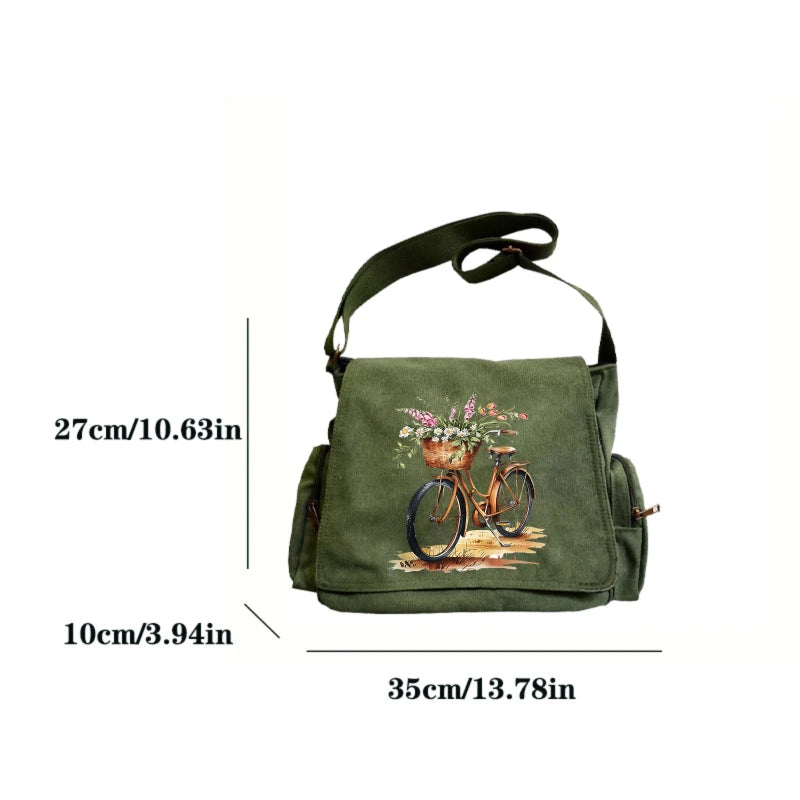 Vintage Womens Messenger Bag Floral Bicycle Print Canvas Crossbody Bag Large Capacity Travel Shoulder Bag