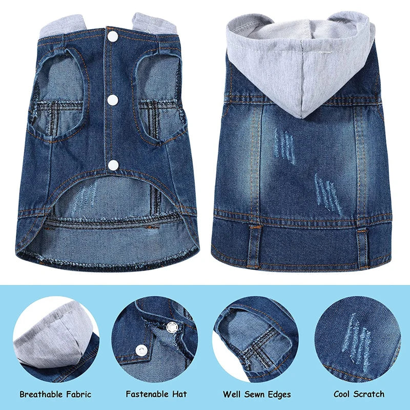 Retro Denim Hoodie Dog Jacket – Durable Four-Season Jean Vest for Small Dogs