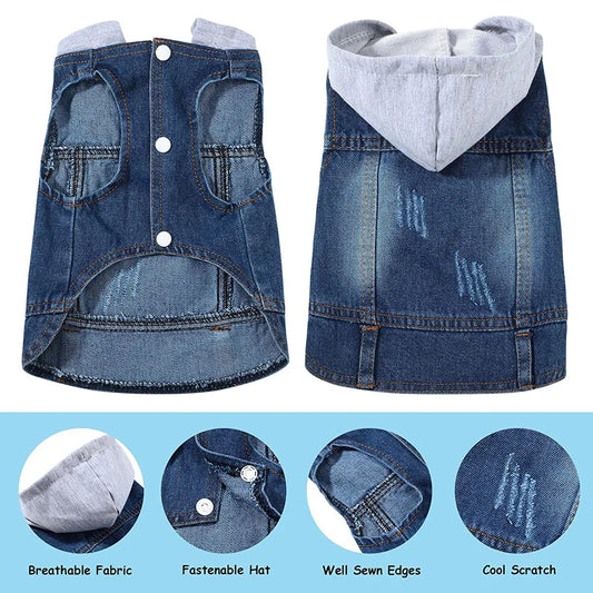 Retro Denim Hoodie Dog Jacket – Durable Four-Season Jean Vest for Small Dogs