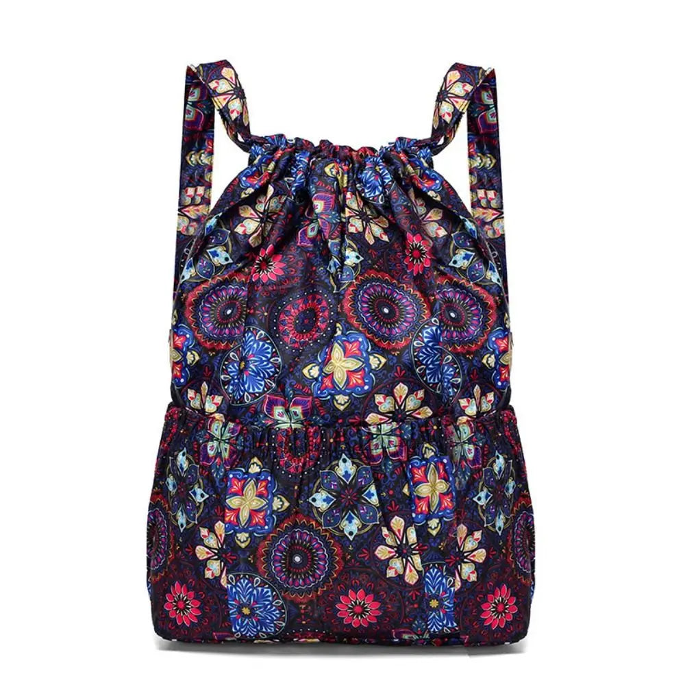 Multifunctional Floral Printed Drawstring Bag Polyester Waterproof Backpacks Fold Sports Travel Bag Teenage Girls