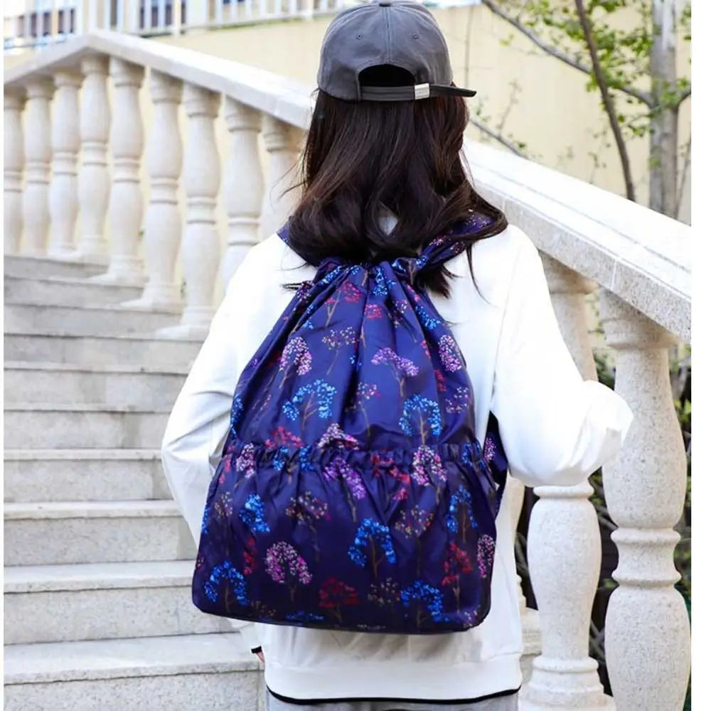Multifunctional Floral Printed Drawstring Bag Polyester Waterproof Backpacks Fold Sports Travel Bag Teenage Girls