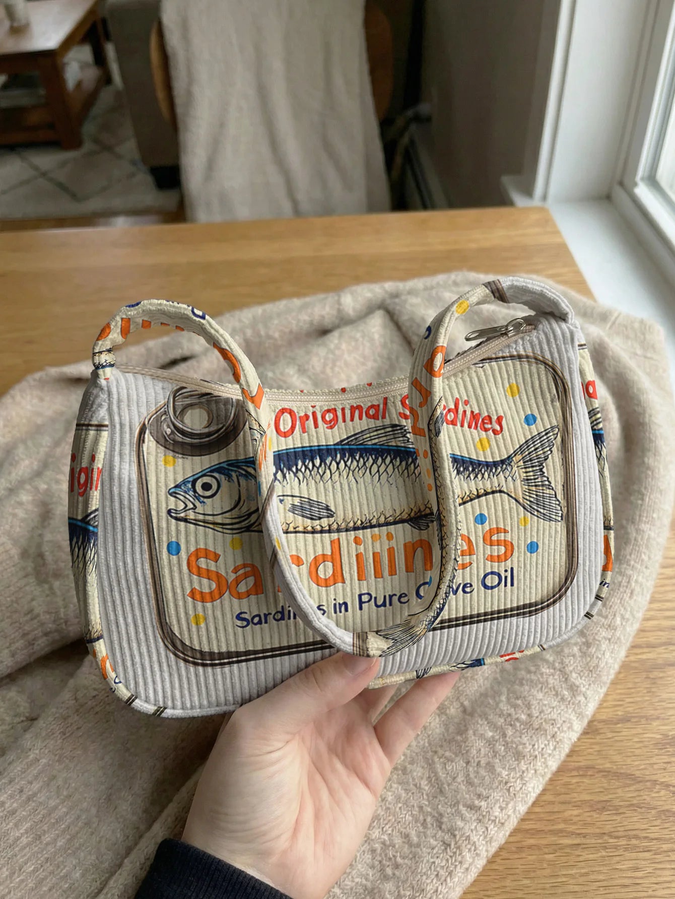 Trendy Sardine Print Shoulder Bag, Corduroy Underarm Bag for Daily Casual Use