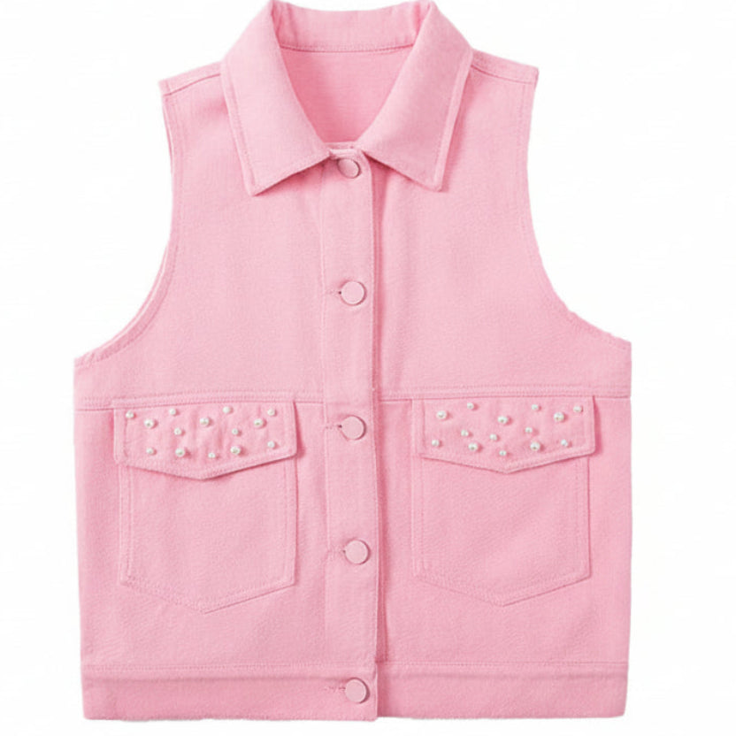 Pink Denim-Style Vest – Beaded Accents (Ages 7-13)