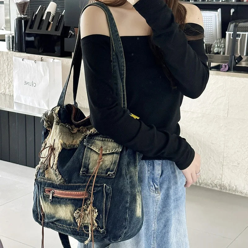 Nesitu High Quality Denim Large Capacity A4 Women Shoulder Messenger Bag Handbag Cross Body Lightweight Blue Black M250301