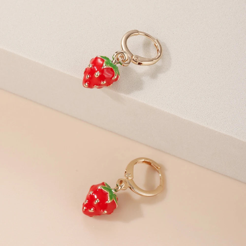 Sweet Strawberry Earrings, Dangle Drop Enamel Earrings