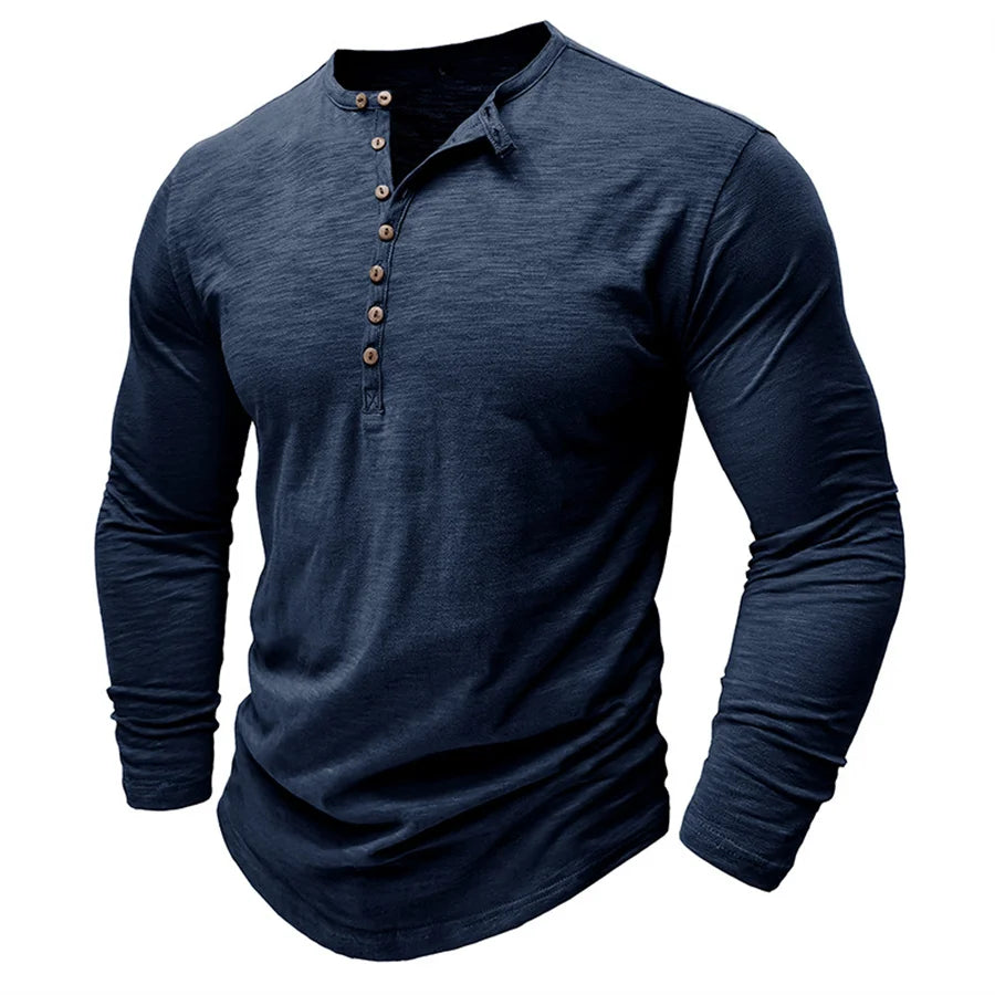Men's 100% Cotton Henley T-Shirt Quality Long Sleeve Basic T Shirt