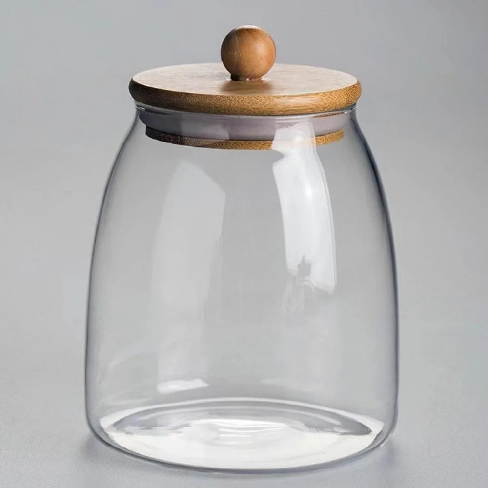 Transparent Airtight Glass Containers Moisture Proof Large Capacity Tea Storage Jar Wooden Lid Food Storage Container