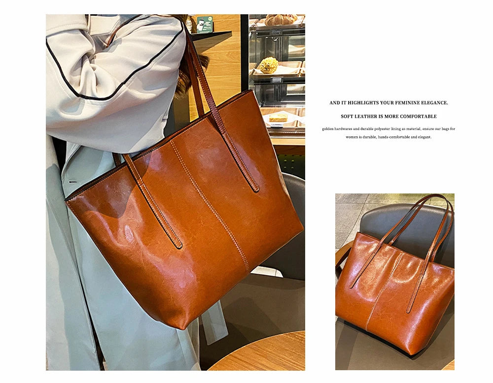 2025 New Coffee Women Handbag 100% Genuine Leather Ladies Shoulder Purse Ladies Black Tote Bag Large Capacity Shopper Bags Brown