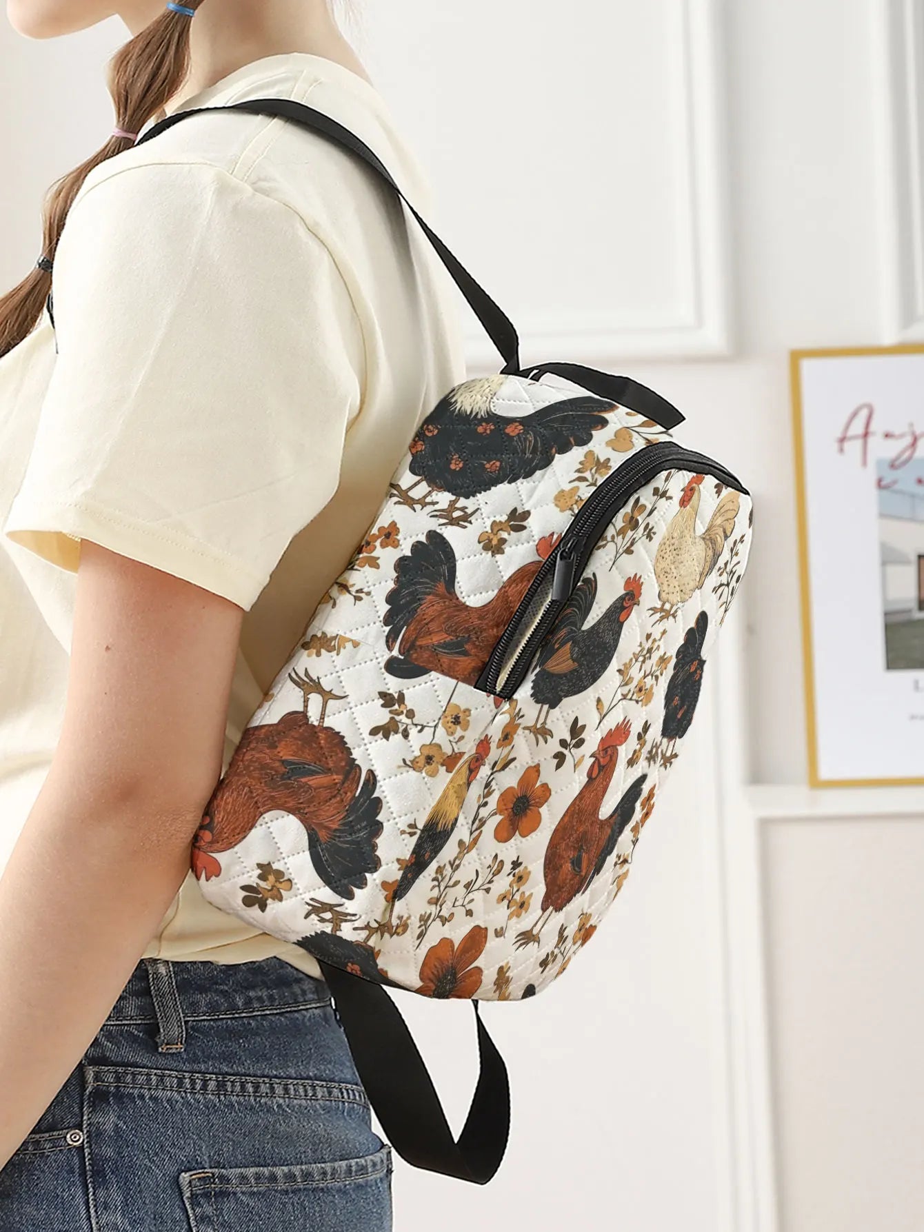 Rooster and Hen Printed Quilted Compact Backpack, Suitable for Outdoor, Travel, Campus, and Daily Use by Both Men and Women