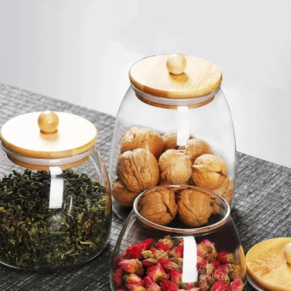 Transparent Airtight Glass Containers Moisture Proof Large Capacity Tea Storage Jar Wooden Lid Food Storage Container