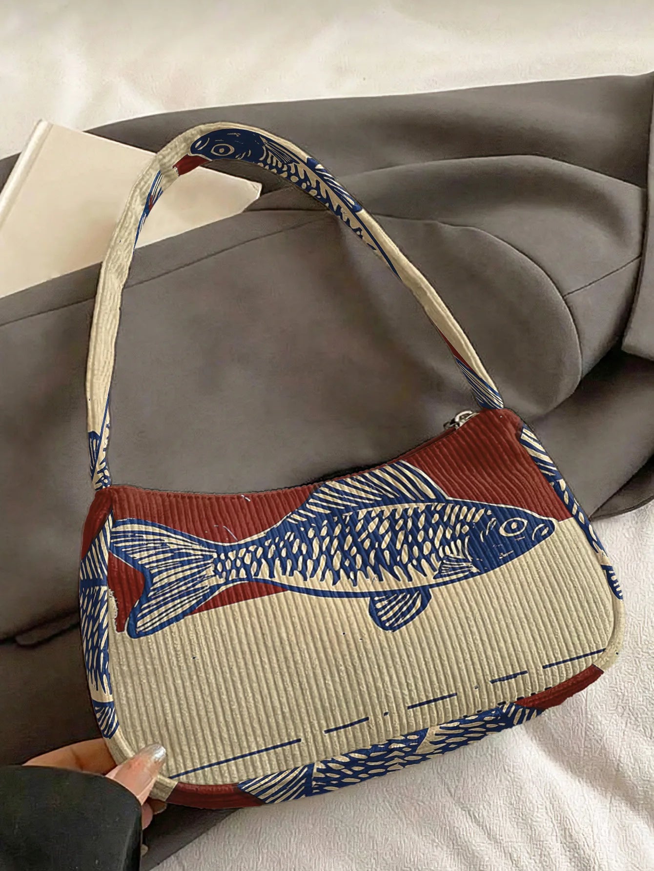 Trendy Blue Fish Print Shoulder Bag, Beige & Red Corduroy Underarm Bag for Daily Casual Use