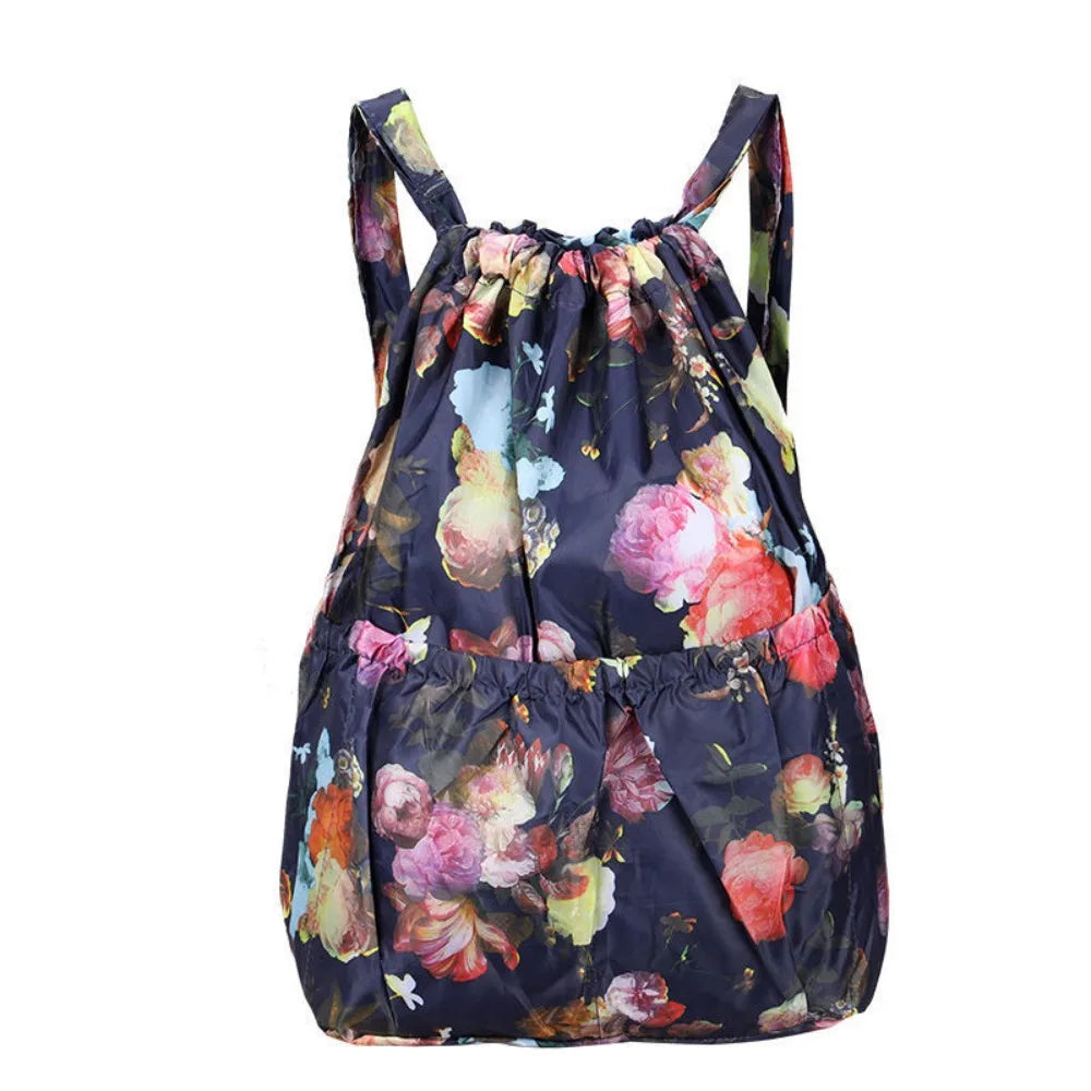 Multifunctional Floral Printed Drawstring Bag Polyester Waterproof Backpacks Fold Sports Travel Bag Teenage Girls
