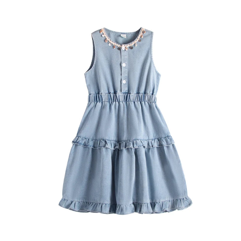 Girls Light Blue Denim Tiered Dress – Sleeveless Country Style Ruffle Chambray Dress for Young Girls & Tweens
