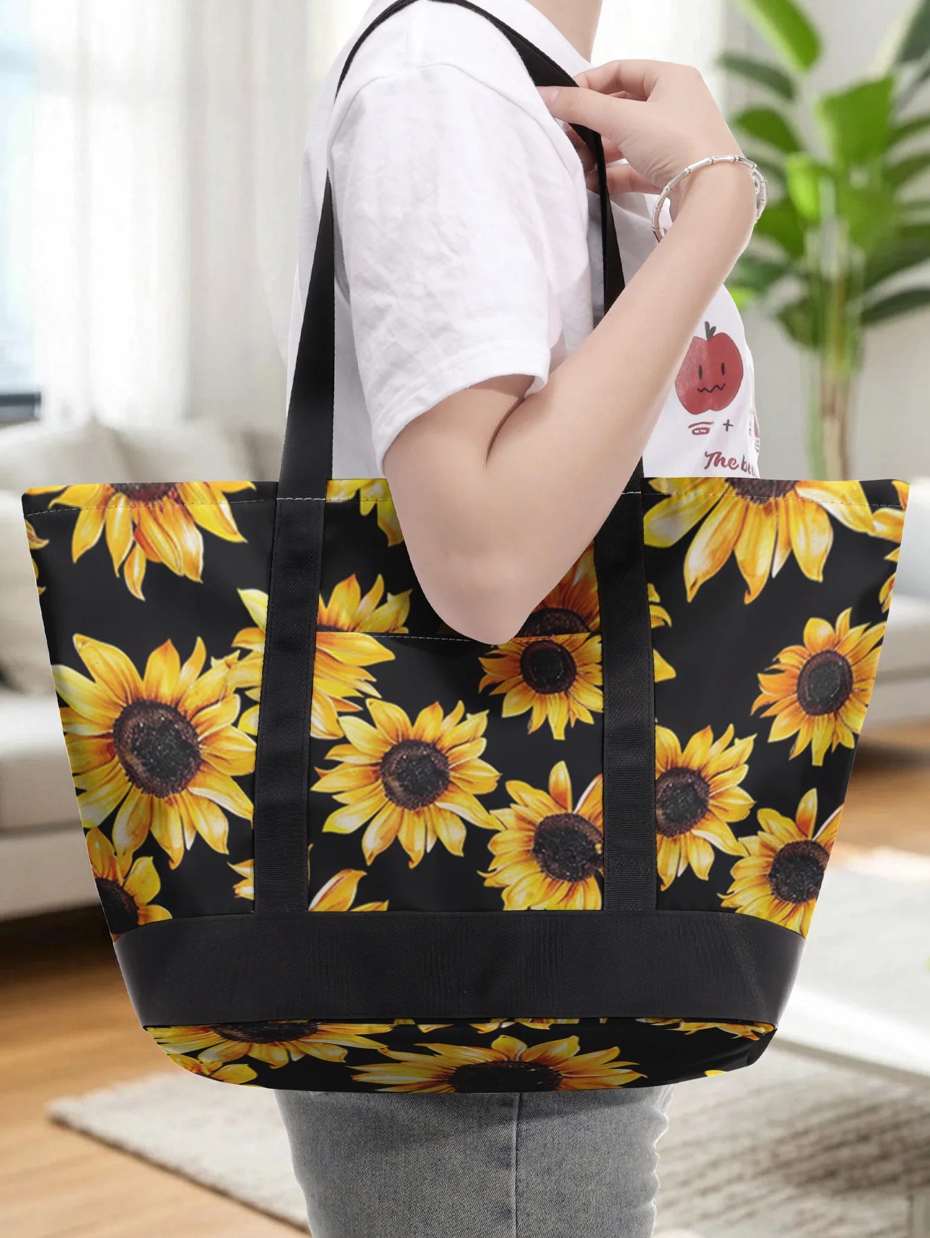 Vintage Sunflower Pattern Tote Bag With Outer Pocket Large Capacity Women Casual Shoulder Bag Shopping Daily Handbag