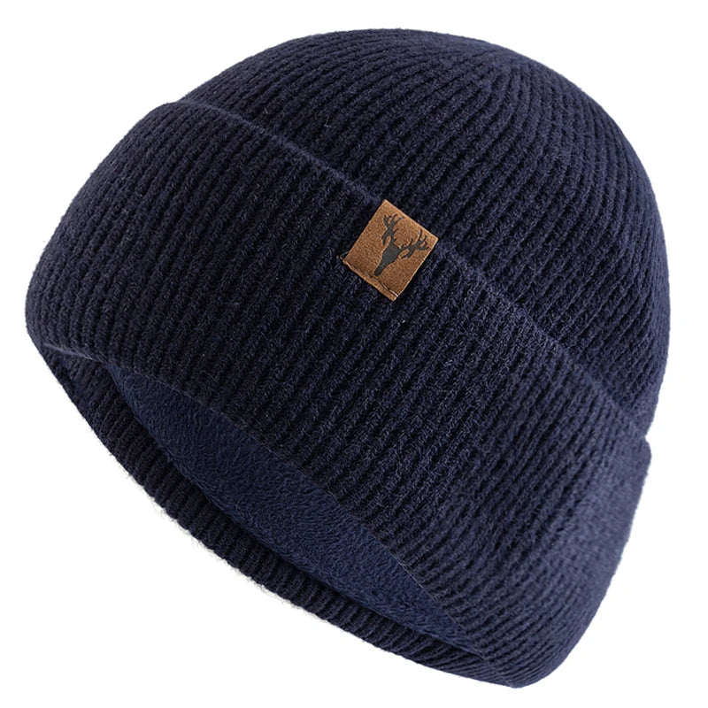 Winter Hat Plush Fleece-Lined Knit Cap--Knitted Hat w Deer Head Patch Accent
