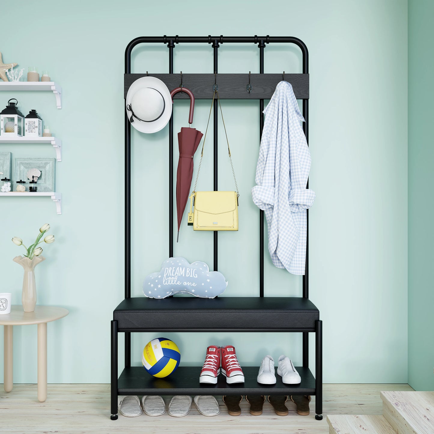 Hall Tree Hat and Coat Rack Shoe Bench Entryway Organizer