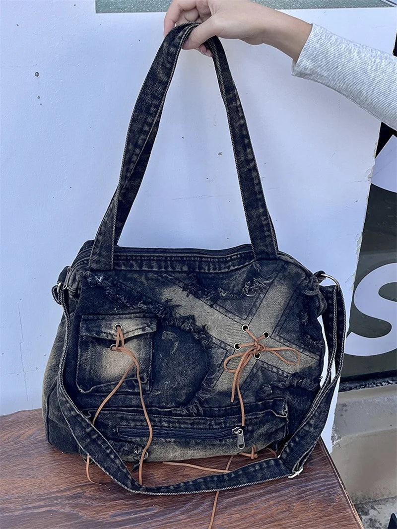 Nesitu High Quality Denim Large Capacity A4 Women Shoulder Messenger Bag Handbag Cross Body Lightweight Blue Black M250301