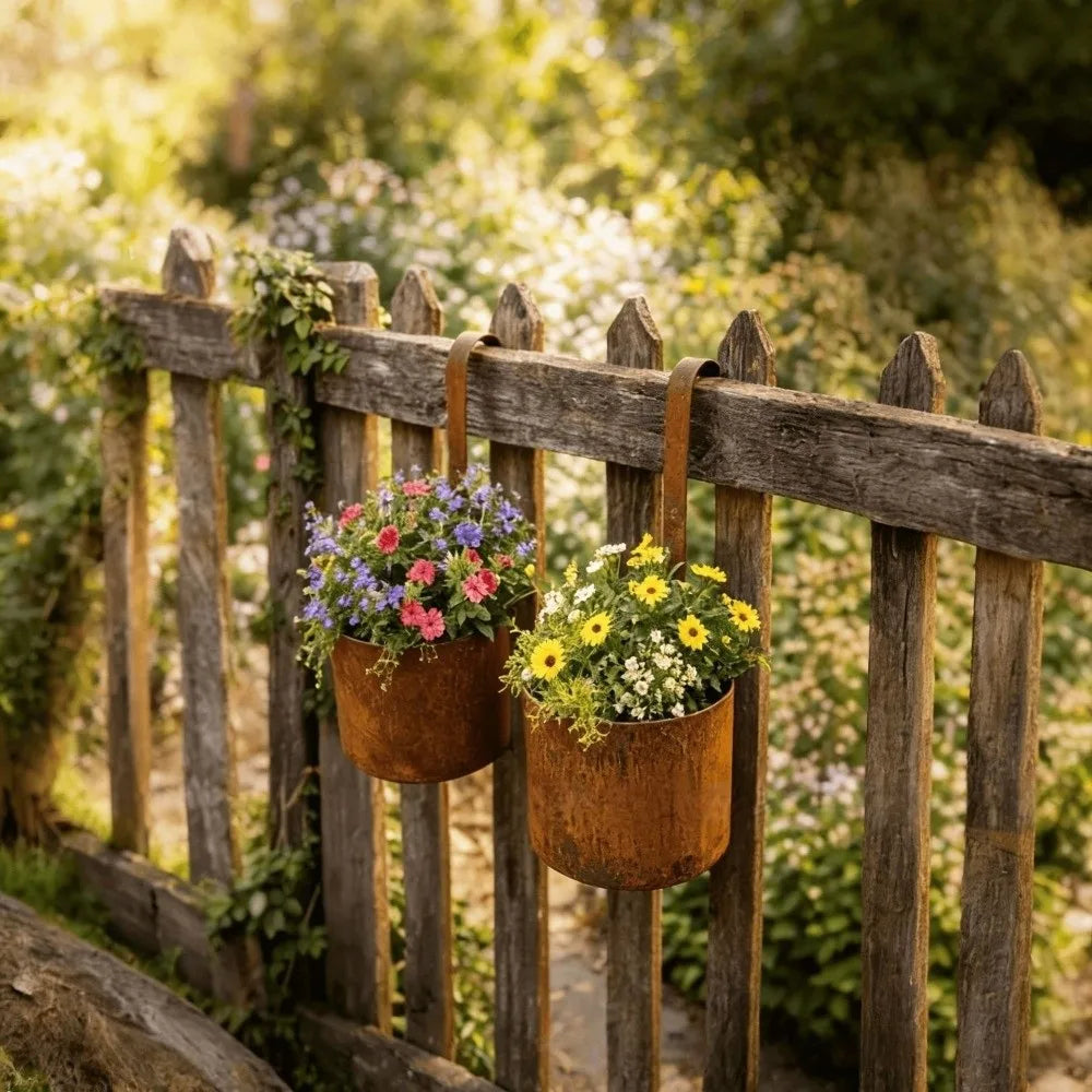 Handcrafted Wall Hanging Flower Bucket Antique Styles Rusted Iron Hanging Flowerpot Weather-Resistant Unique Metal Plant Hangers