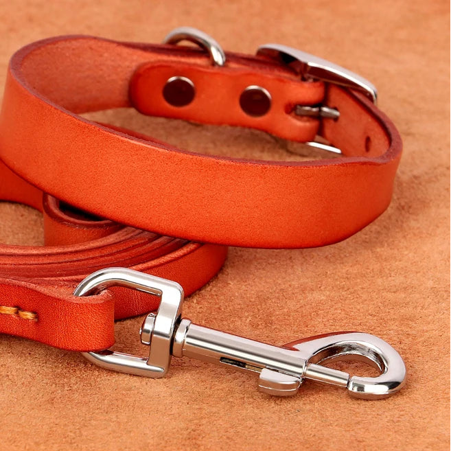 Genuine Leather Pet Collar plus Leash Set
