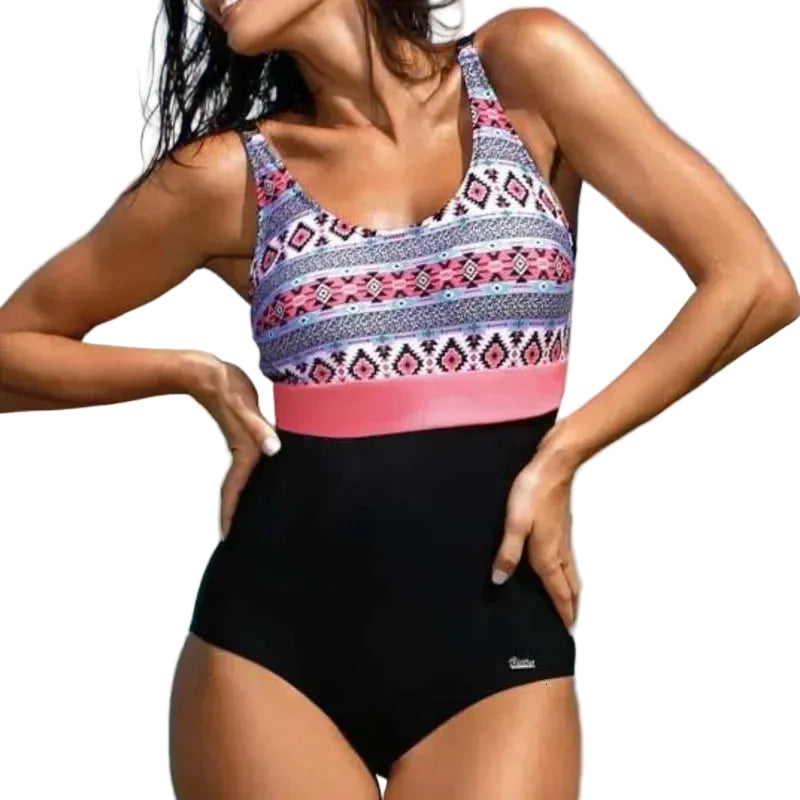 Boho Southwestern Tribal Stripe Pattern Print One-Piece Sport Swimsuit