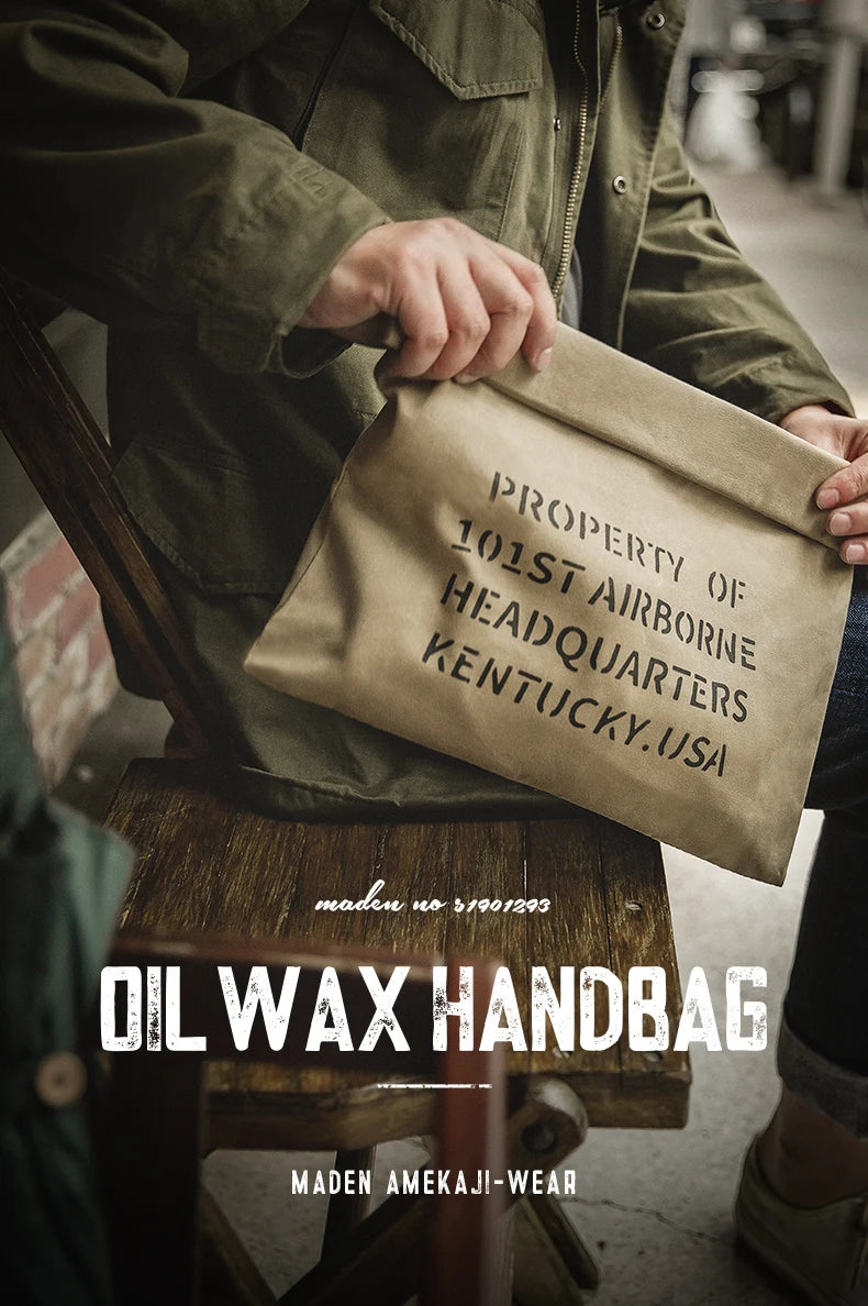 Maden Oil Wax Canvas Handbag Men's Vintage Handbags Khaki Print Purse Envelope Capacity Money Bag Magnetic Buckle Long Wallet