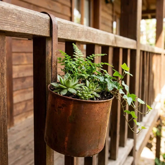 Distressed Flower Bucket, Antique Styles Rusted Finish Metal Planter with Hanging Hook