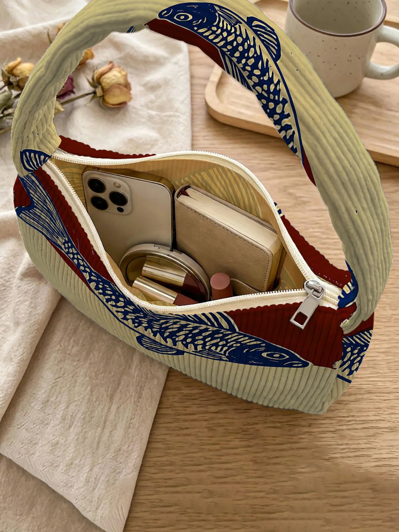 Trendy Blue Fish Print Shoulder Bag, Beige & Red Corduroy Underarm Bag for Daily Casual Use