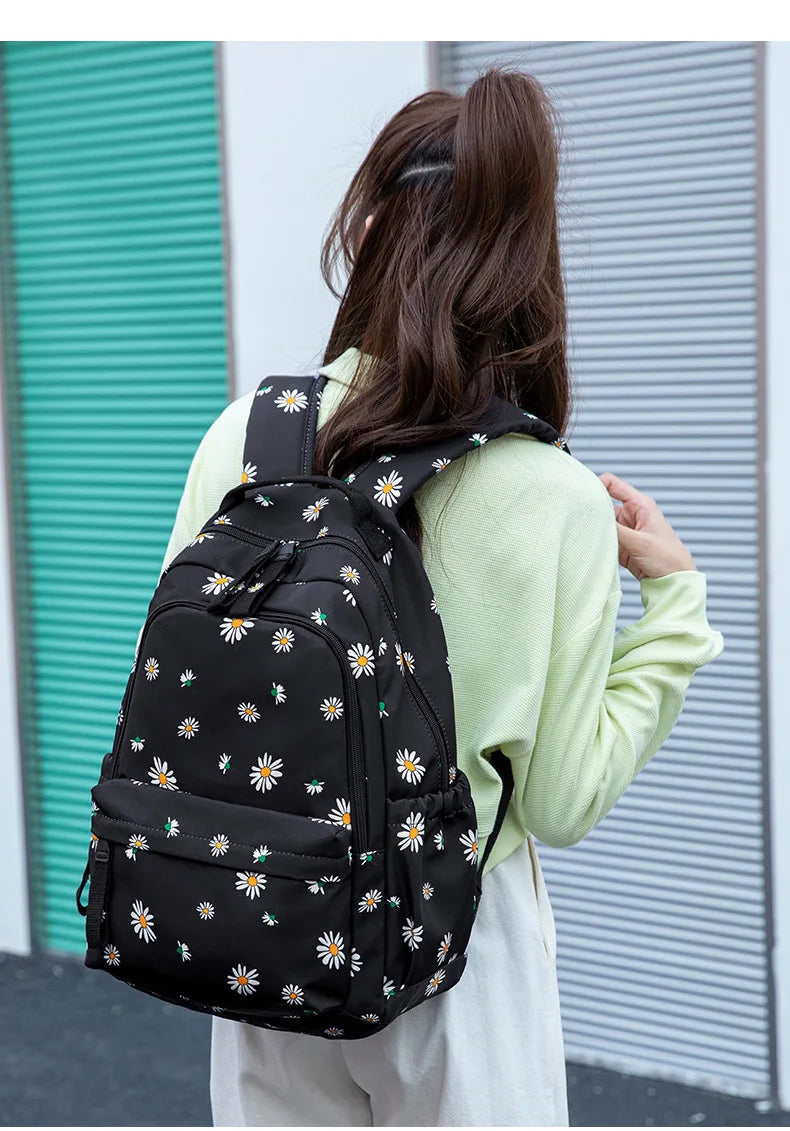 Flower Backpack Women Teenager Cute Kawaii Backpack 2023 New School Bags for Girls Kid Children Students Schoolbag Korean Black