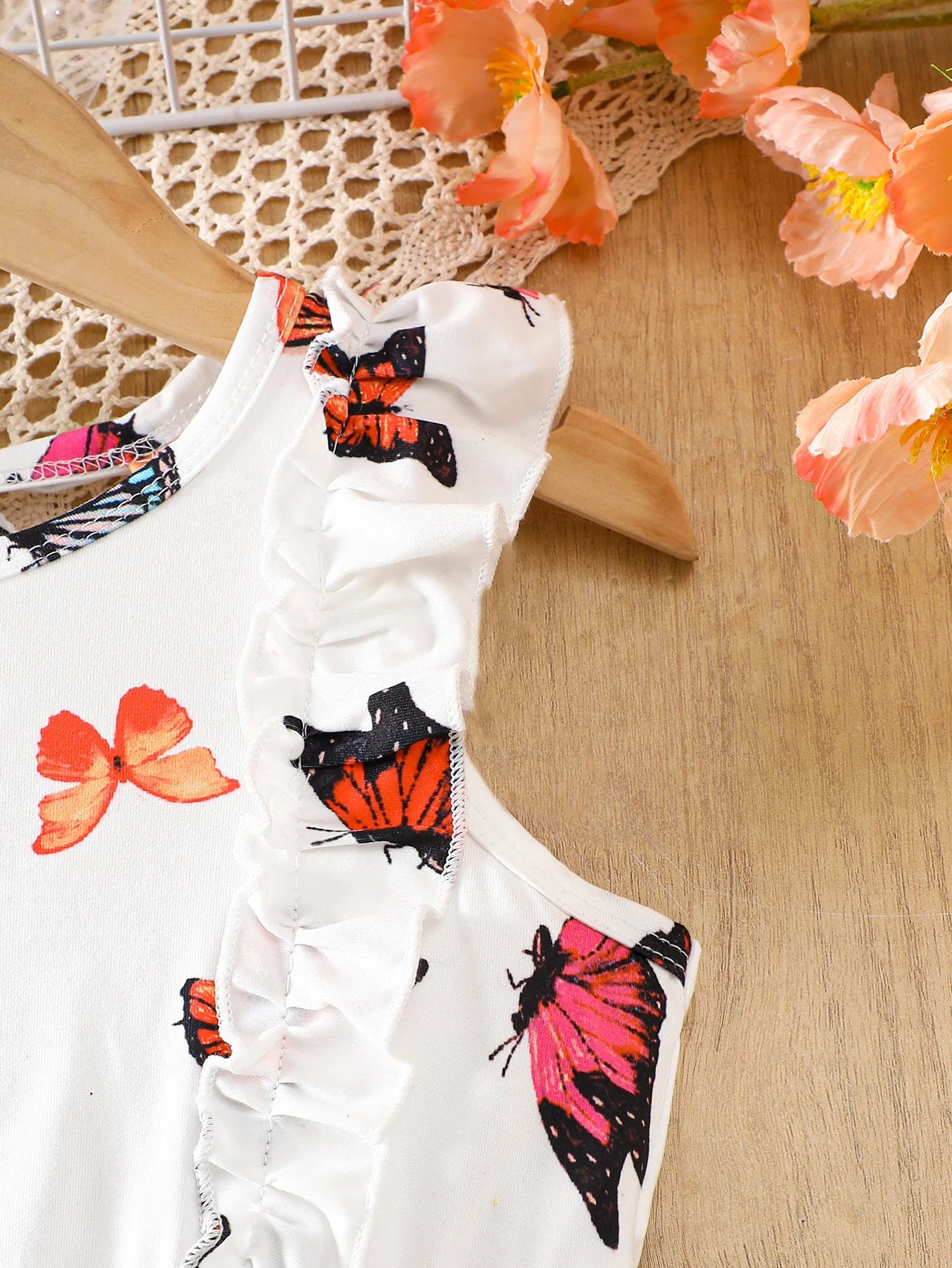 Girls' Spring, Summer Sleeveless Ruffle Butterfly-Print Dress