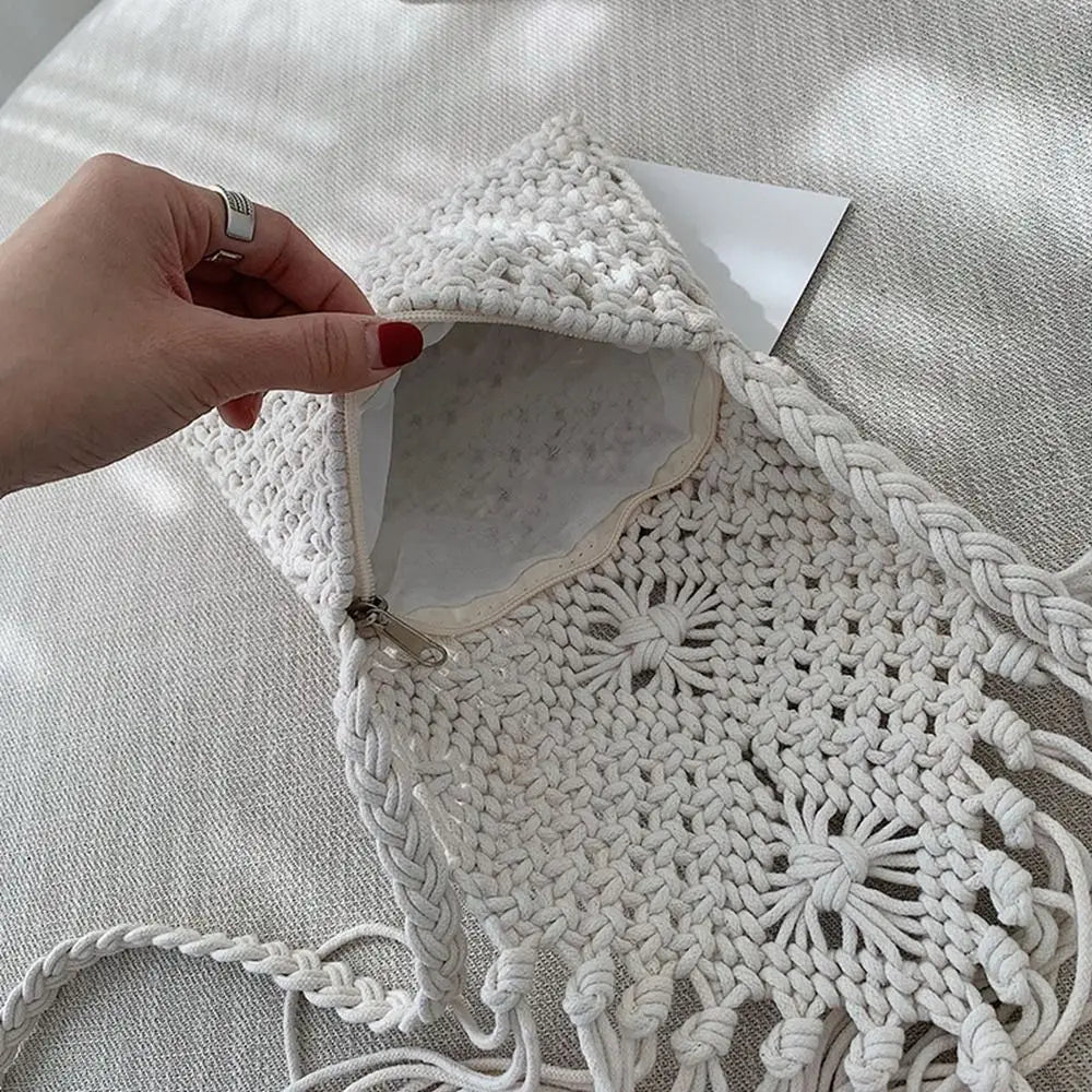 Simple Ethnic Style Woven Straw Bag Solid Color Fringe Tassel Shoulder Bag Coin Purse Phone Bag Women Crossbody Bag Beach