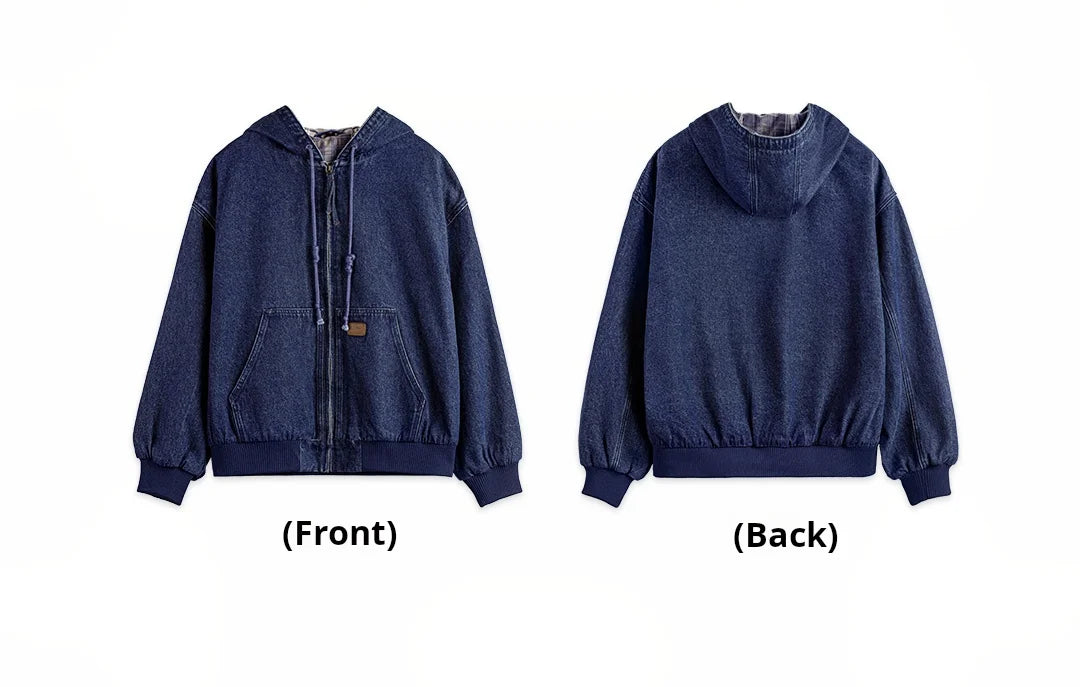 Retro Men's Heavyweight Denim Jacket, Vintaged Hooded Zip-up Work Jacket