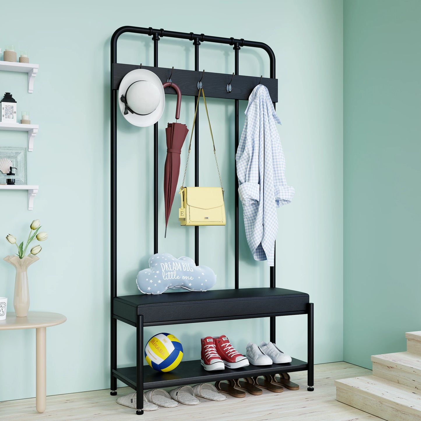 Hall Tree Hat and Coat Rack Shoe Bench Entryway Organizer