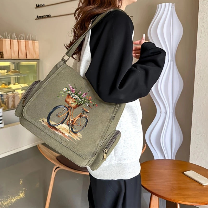 Vintage Womens Messenger Bag Floral Bicycle Print Canvas Crossbody Bag Large Capacity Travel Shoulder Bag