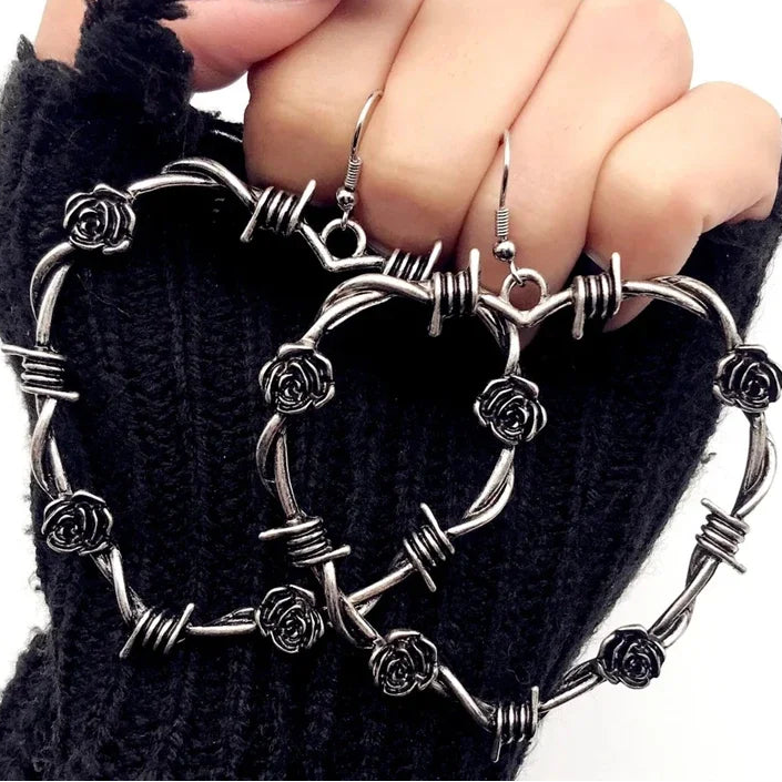 Gun Black Metal Barbed Wire & Roses Heart Earrings –– Rustic Edge with a Tender Touch