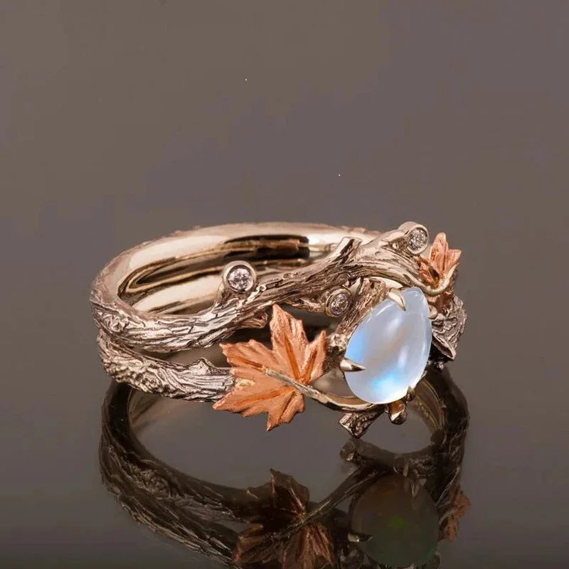 Vintage Style Antique-looking Open "Water Drop" Maple Leaf Ring