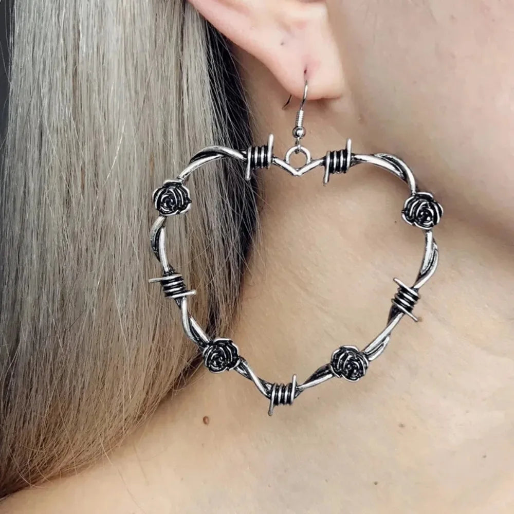 Gun Black Metal Barbed Wire & Roses Heart Earrings –– Rustic Edge with a Tender Touch