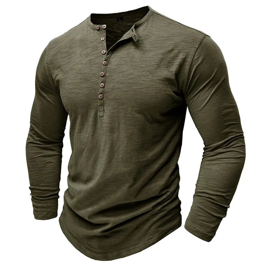 Men's 100% Cotton Henley T-Shirt Quality Long Sleeve Basic T Shirt