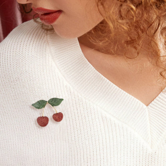 Bead-Textured Classic Country Cherries Motif Brooch