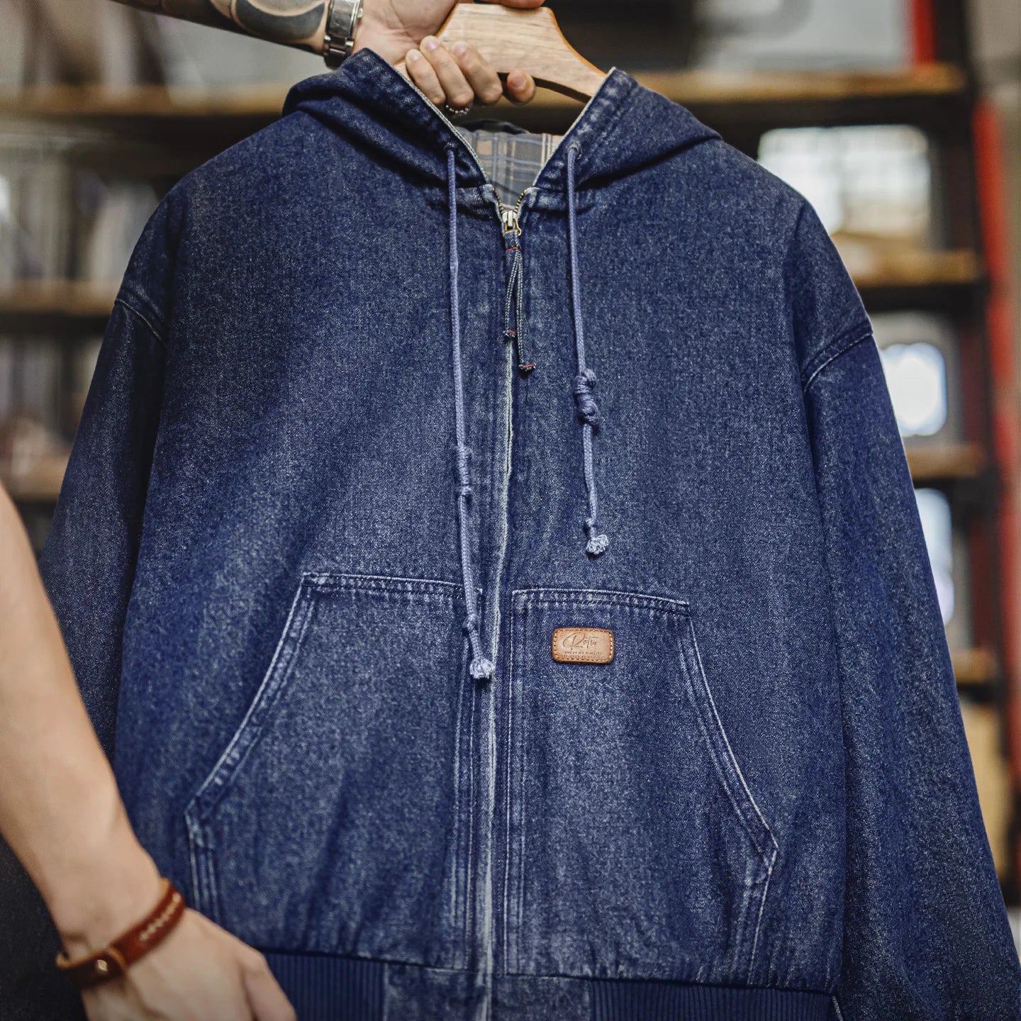 Retro Men's Heavyweight Denim Jacket, Vintaged Hooded Zip-up Work Jacket