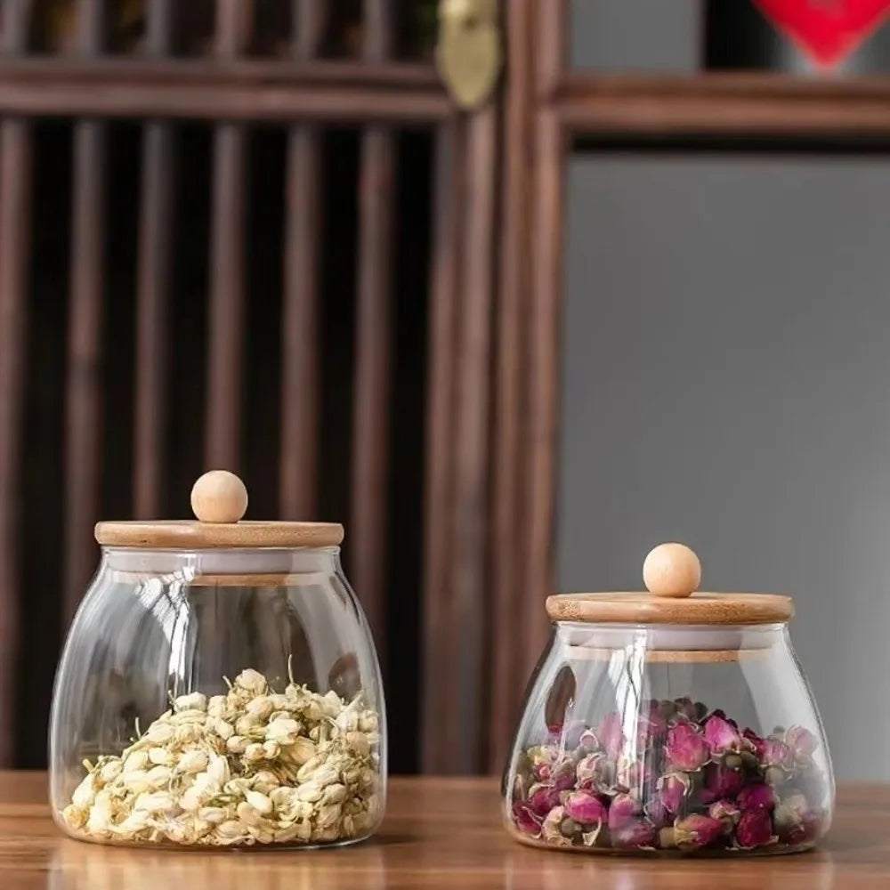 Transparent Airtight Glass Containers Moisture Proof Large Capacity Tea Storage Jar Wooden Lid Food Storage Container