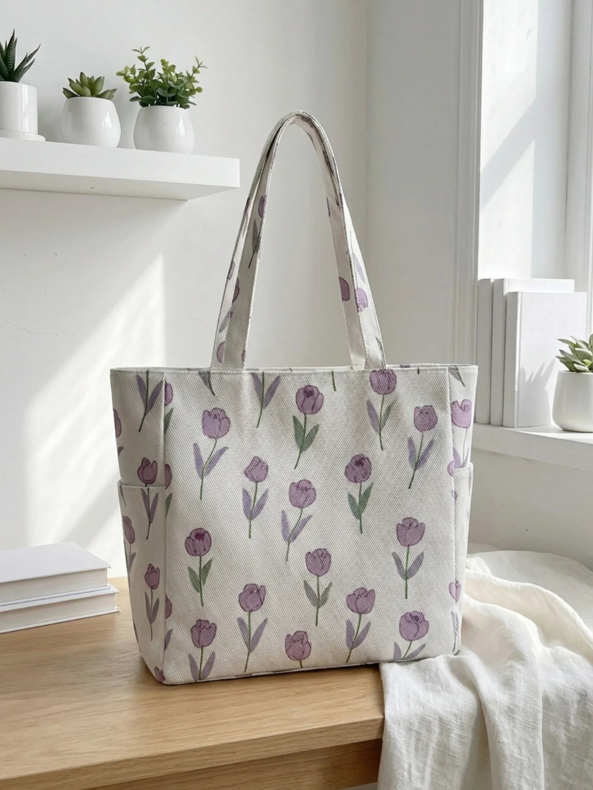 Floral printed large capacity women's handbag, canvas shoulder bag, casual commuting shopping bag