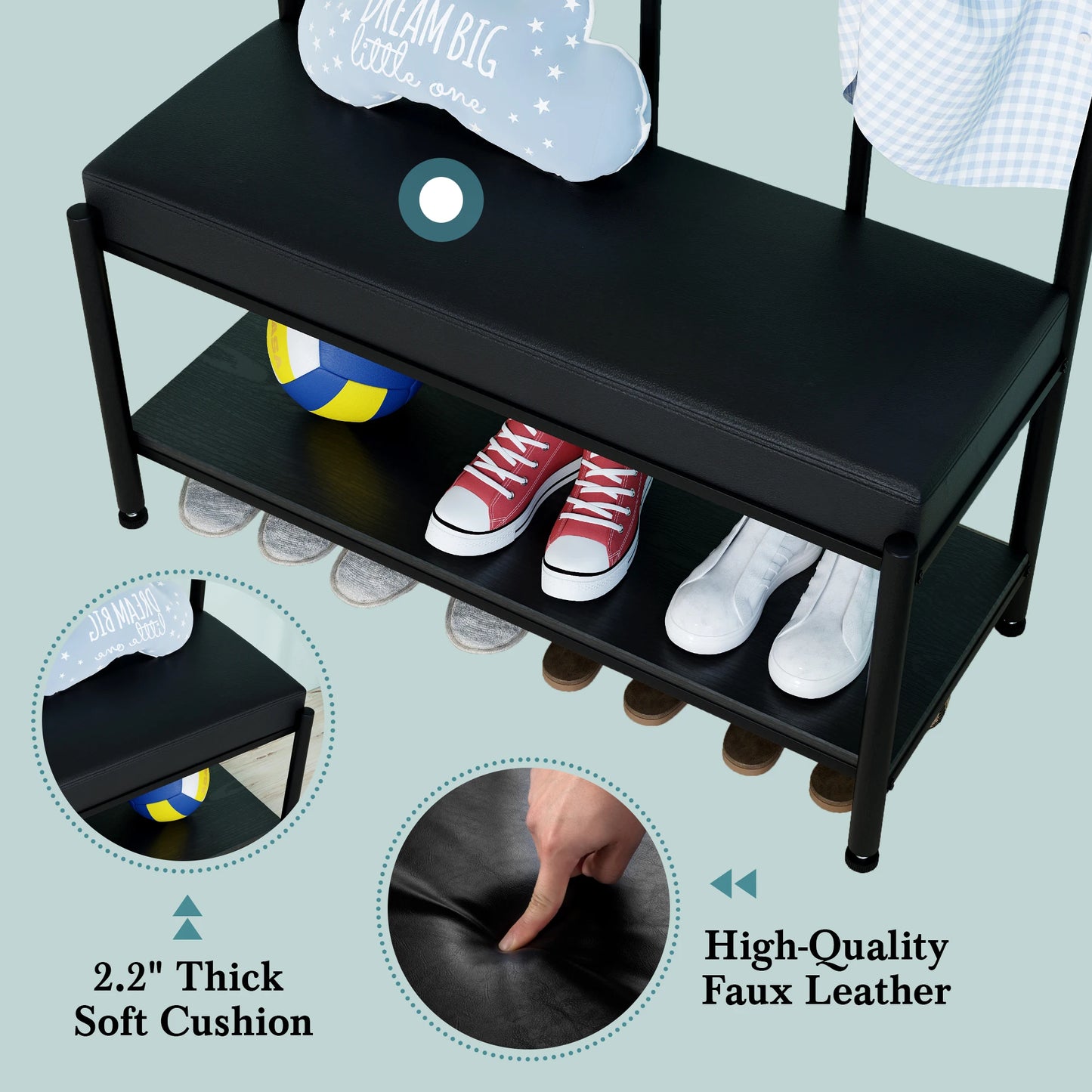 Black shoe bench with shoes on a light blue background, highlighting features like soft cushion and high-quality faux leather.