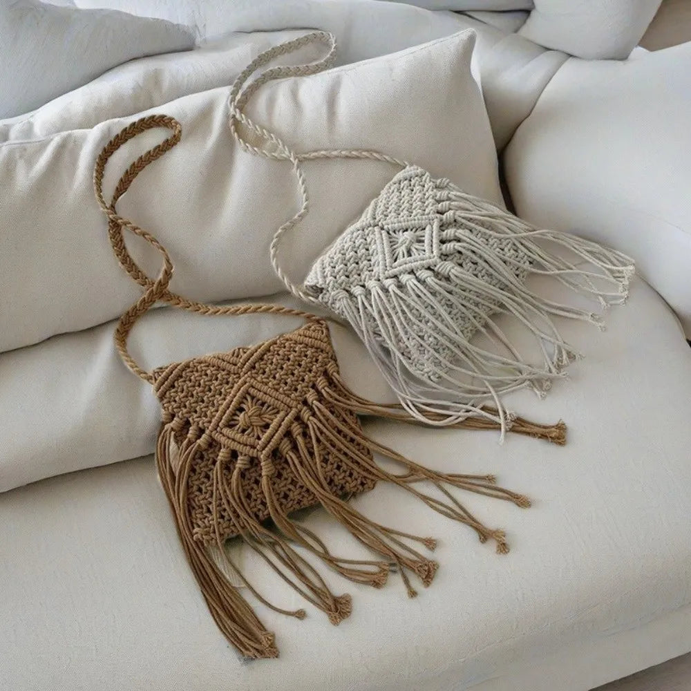 Simple Ethnic Style Woven Straw Bag Solid Color Fringe Tassel Shoulder Bag Coin Purse Phone Bag Women Crossbody Bag Beach