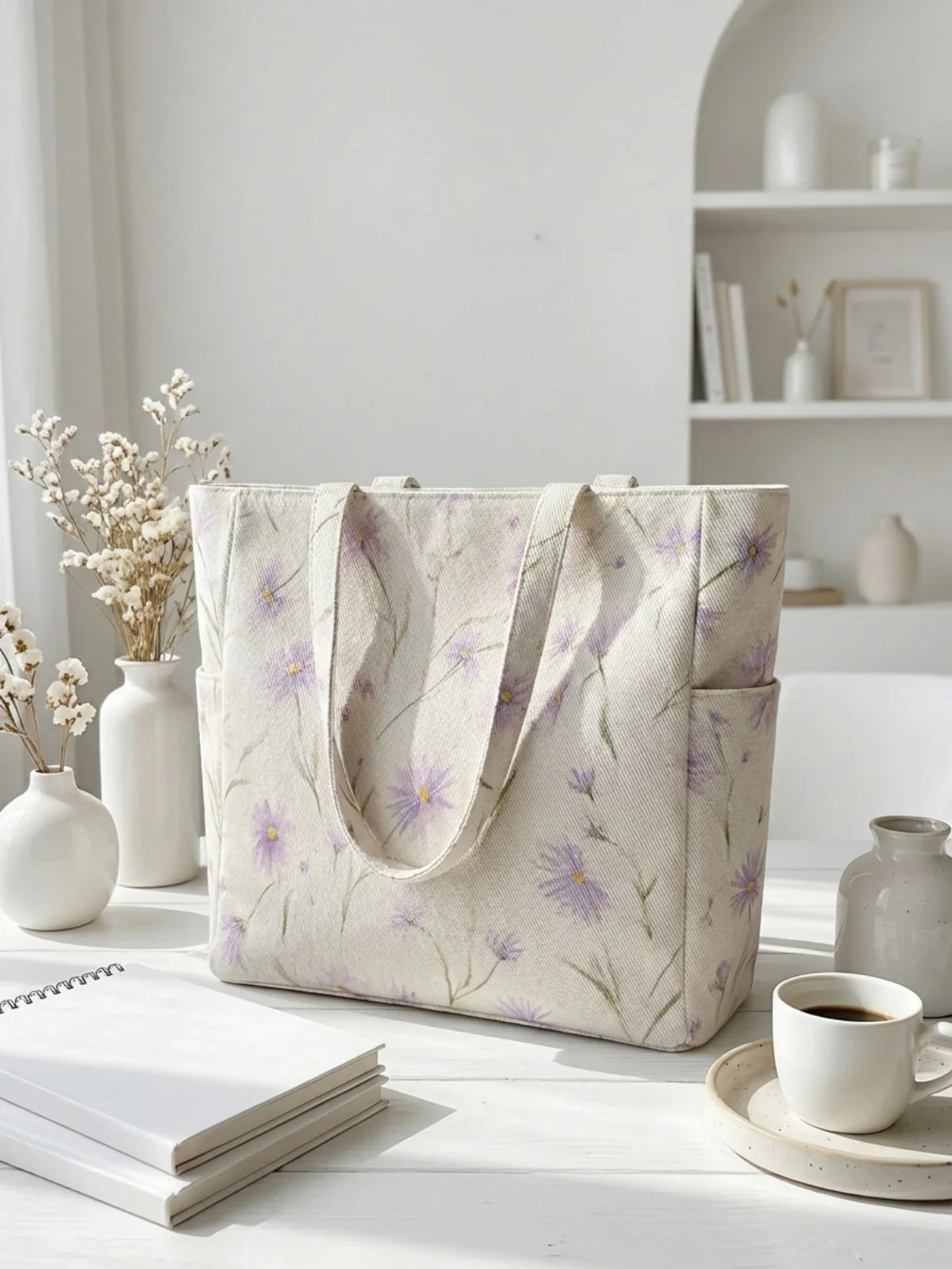 Floral printed large capacity women's handbag, canvas shoulder bag, casual commuting shopping bag