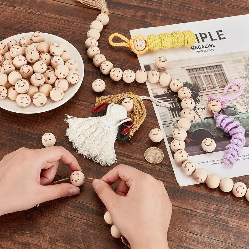 Wooden Beads Natural Face Beads Ball Wood Beads Loose Spacer Bead for Angel Heads DIY Jewelry Bracelet Necklace Craft Making